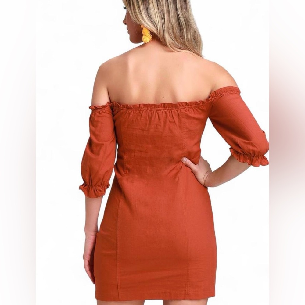 Lulus Dress Sz XL See Ya Later Terra Cotta Off-the-Shoulder Lace-Up 100% Cotton - Picture 2 of 7